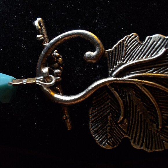 Vintage Turquoise Silver Bead Necklace Leaf Toggle Clasp 16 Inch Costume - Picture 11 of 13